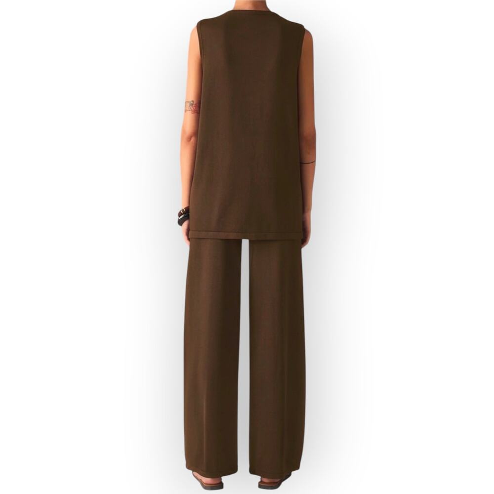 Commense Brown Knit Vest & Wide Leg Pants Set Gold Button Lounge Set NWT XL - Picture 5 of 7